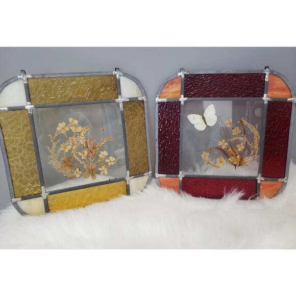 Vintage Real Butterfly Dried Pressed Flower Stained Glass Sun Catcher Decor Boho - Picture 1 of 14